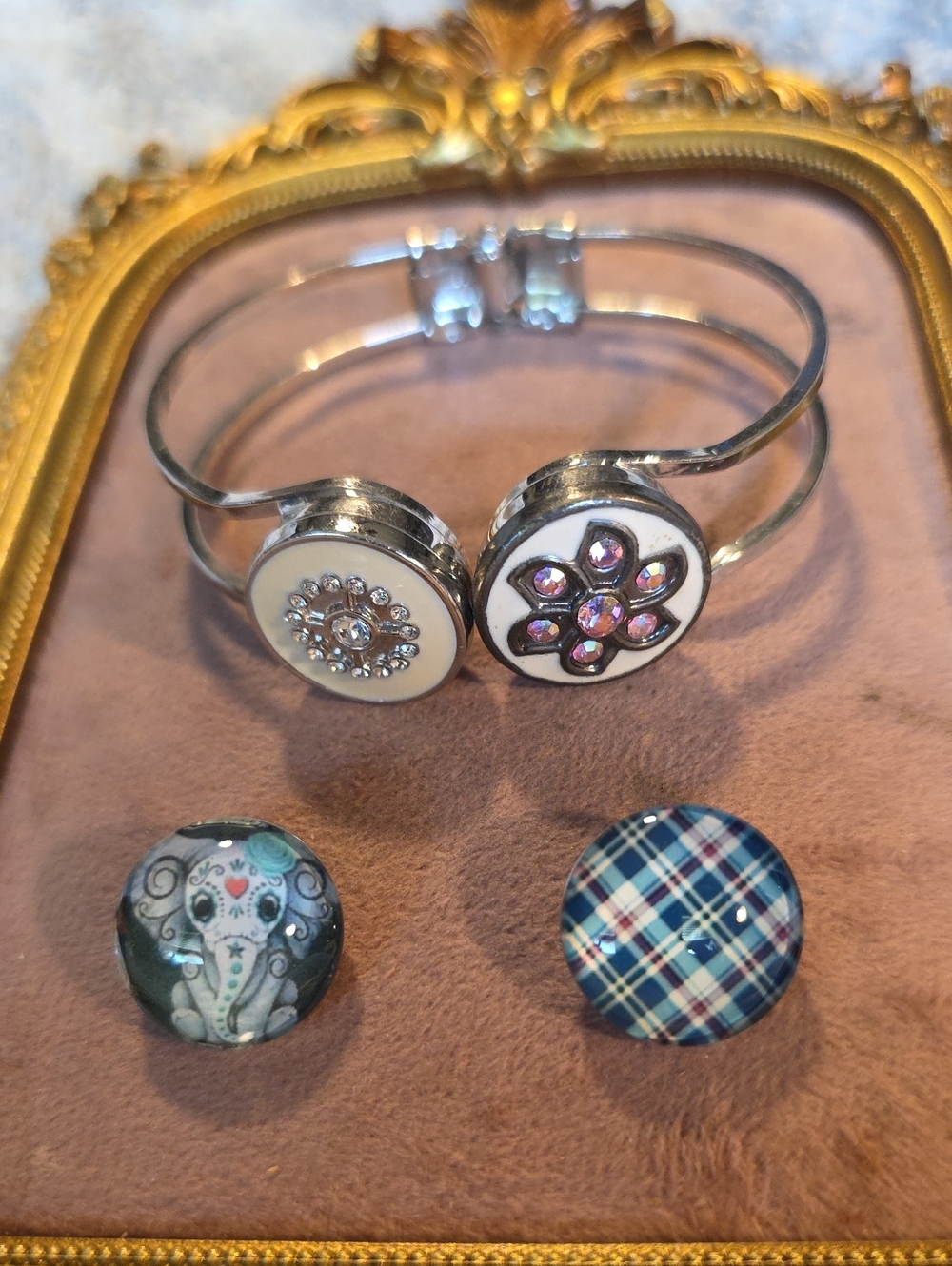 Vintage Interchangeable Ginger Snap Cuff Bracelet Set + 4 Charms Boho Plaid